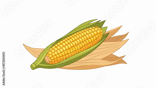 A vibrant, stylized illustration of an ear of corn, partially husked, rests on dried leaves