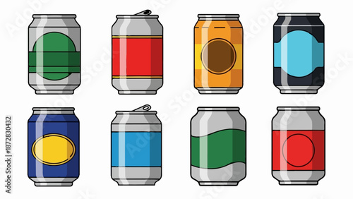 Assortment of colorful beverage cans with metallic sheen and abstract labels