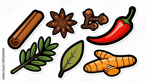Assortment of colorful culinary spices, herbs, and peppers, digitally illustrated with bold outlines