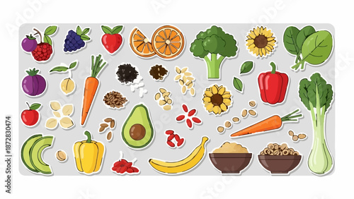 Assortment of colorful fruits, vegetables, seeds, and grains as stickers