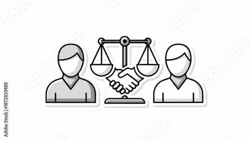 Agreement between two people symbolized by scales and handshake