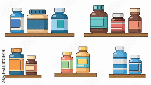 Assortment of colorful medicine bottles neatly arranged on wooden shelves