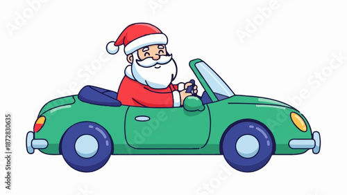 An adorable cartoon figure with white beard and red hat happily driving a green convertible car