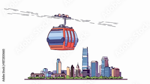 An aerial tram traverses the sky above a vibrant cityscape