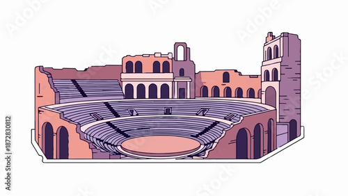 An artistic representation of an ancient amphitheater with tiered seating and arched architecture