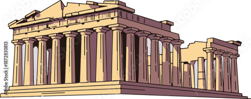 An artistic representation of an ancient structure with weathered stone columns and partial roof