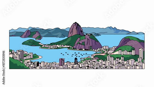 A vibrant, simplified illustration of a coastal city nestled between lush green mountains and a bright blue bay