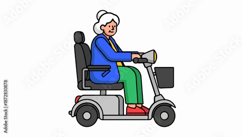 An elderly woman in a blue jacket and green pants rides a mobility scooter