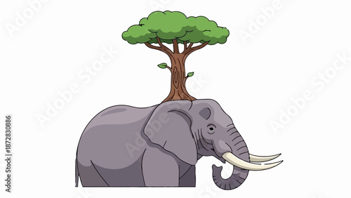 An elephant with a tree growing from its back, symbolizing nature's strength