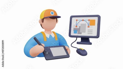 An expressive 3D character in a cap and overalls uses a drawing tablet for digital graphic design on a monitor