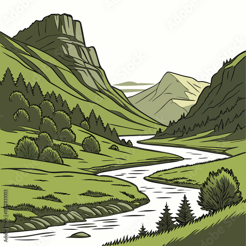 Serene river estuary within mountainous valley landscape