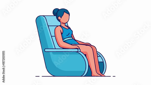 An illustrated woman with a bun hairstyle sits reclined in a modern blue lounge chair, relaxing