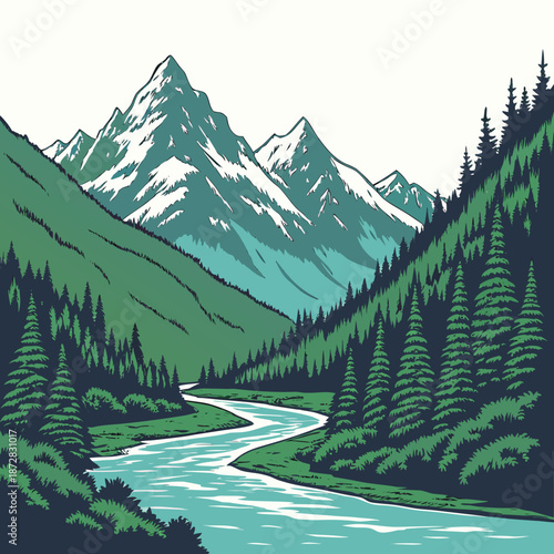 Snow capped mountains and blue river in forest landscape