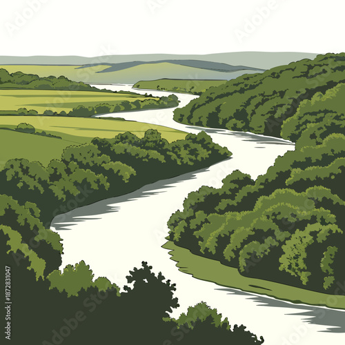 Of green hill country with broad winding river channel 1