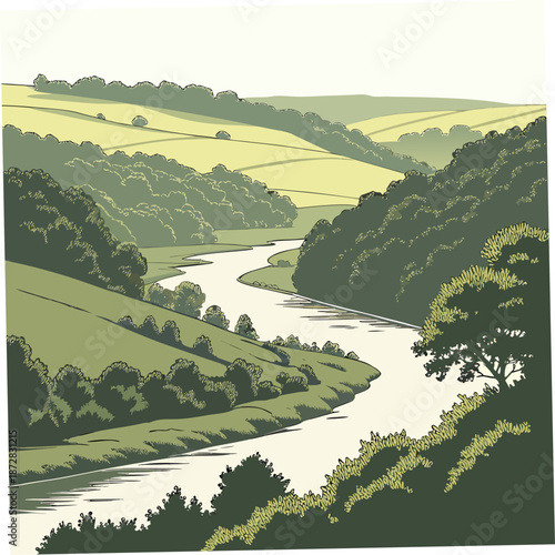 Serene river valley with lush greenery and rolling hills