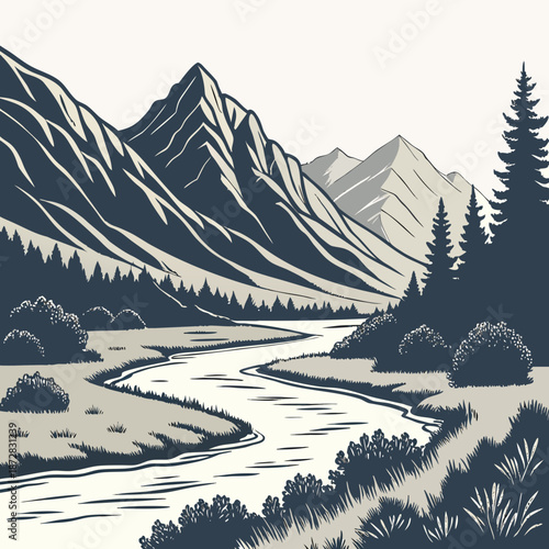 Mountainous valley river in minimal realistic style with trees and bushes