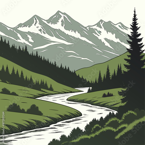 Photos River flowing through dense foothills with snowcapped mountains