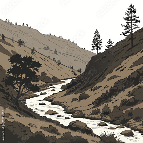 River valley with rugged hillsides and trees landscape