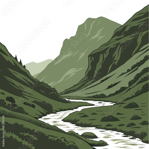 Of green mountain valley with clear river natural landscape