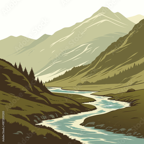 Smooth of glacial river between alaskan mountains landscape
