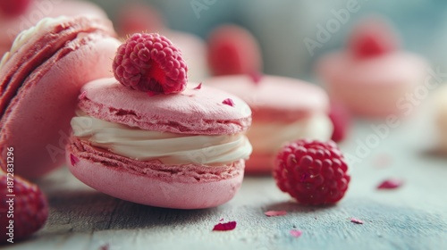 Elegant pink macarons with fresh raspberries offering delicate sweetness delight