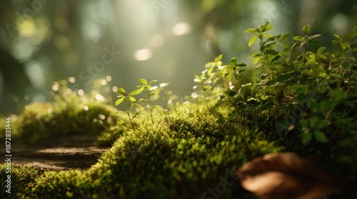 Lush greenery and soft light create a serene forest floor panorama