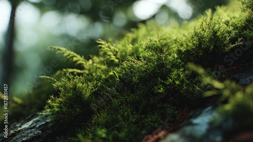 Close-up detail of vibrant green moss covering a textured rock surface