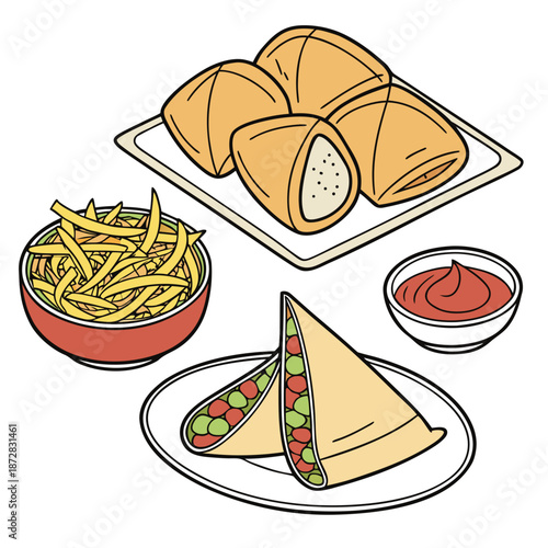 Bengali snack arrangement with samosas fries and sauce