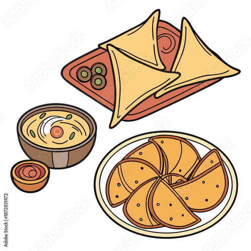 Bengali snack arrangement with samosas and chaat Bengali snacks