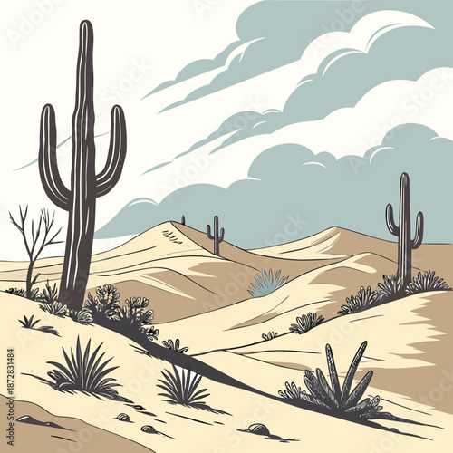 Desert landscape with cacti and sandy dunes under cloudy sky