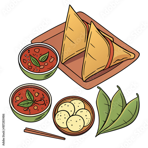 Bengali snack arrangement with samosas and chutneys