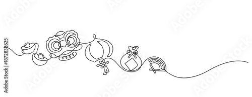 chinese new year icons continuous line drawing decorative ornamental minimalist art. lunar new year design element symbol:golden sycee,lion dancing head,chinese lantern,money bag and paper fan thin li