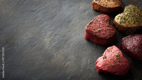 Heart-shaped beef steaks with different degrees of roasting, seasoned with spices, arranged on a stone background, copy space for text