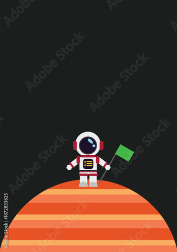 Cute astronaut with green screen flag standing on the Venus.