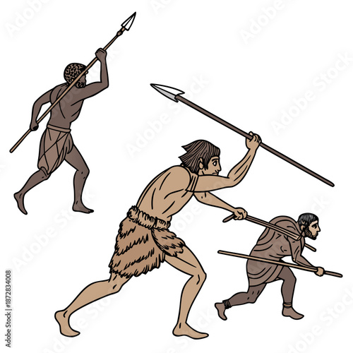Ancient humans running with spears cavemen