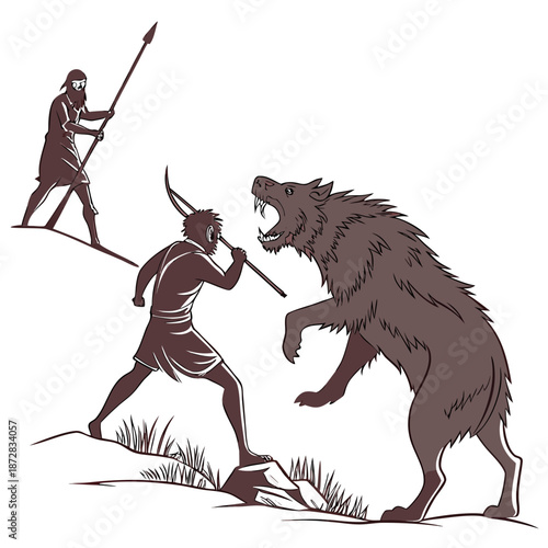 Stone age hunters confronting large beast with spears