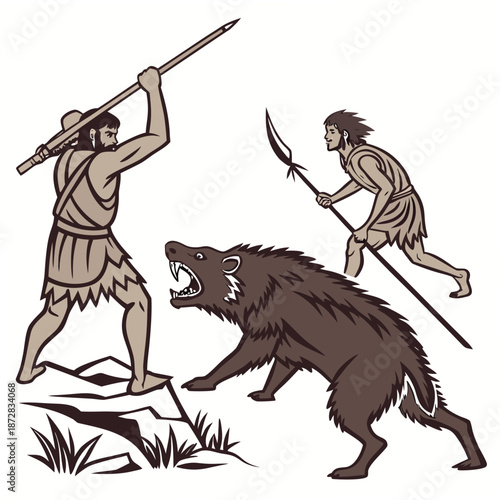 Stone age hunters confronting bear with spears primitive