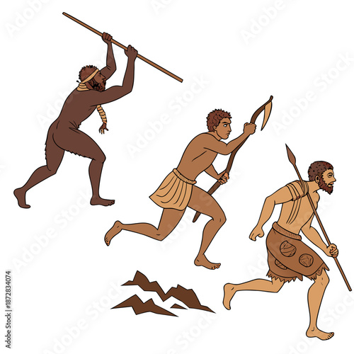 Ancient humans running with spears and club cavemen