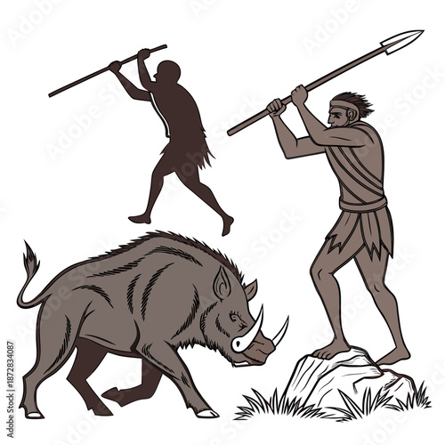Ancient hunters confronting large boar with spears