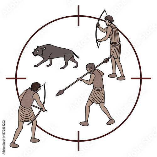 Stone age hunters surrounding animal with bows and spears