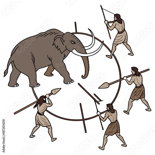 Ancient hunters in loincloths surround large brown mammoth with spears