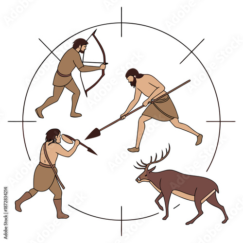 Stone age hunters surrounding deer with bow and spear