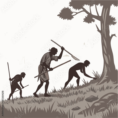 Primitive humans hunting with spears near tree