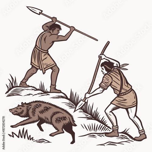 Prehistoric men attacking wild boar with spears tribe