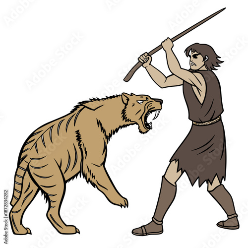 Stone age man fighting saber toothed tiger with club