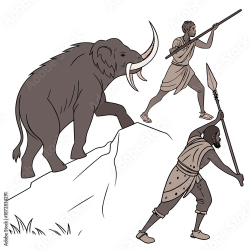 Ancient humans hunting giant mammoth using primitive spears