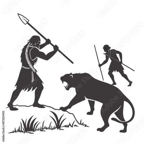 Cavemen fighting lion with spears caveman primal prehistoric