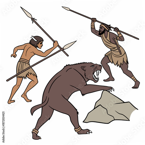 Prehistoric humans attacking massive bear with spears