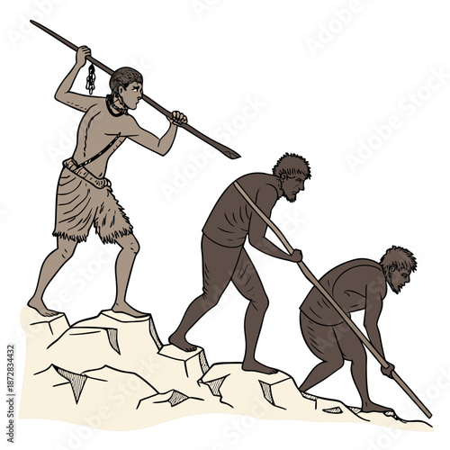 Primitive hunting scene emphasizing early human teamwork