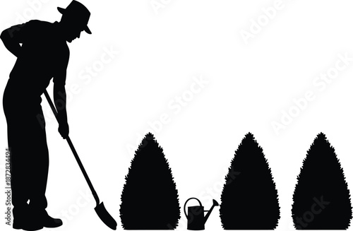 Black Silhouette of Male Gardener Using a Shovel Near Bushes, Man Working in Backyard Garden for Landscaping and Outdoor Maintenance